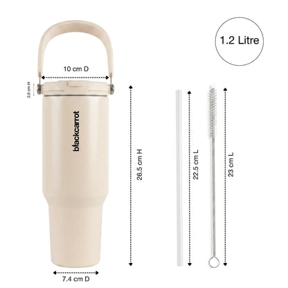 BlackCarrot DualSip Cream 1.2 Litres Insulated Stainless Steel Tumbler 304 Grade, Handle & Straw