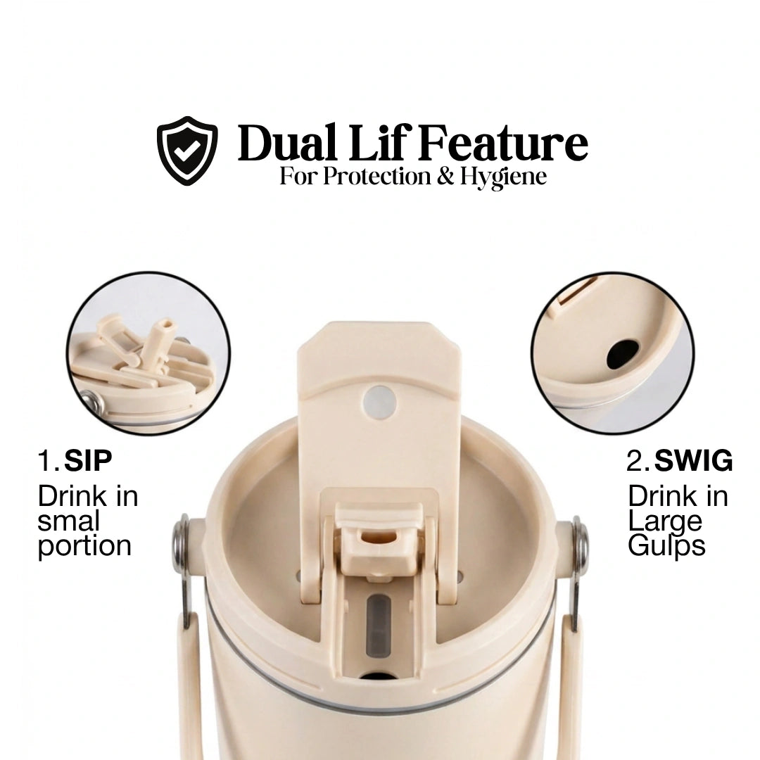 BlackCarrot DualSip Cream 1.2 Litres Insulated Stainless Steel Tumbler 304 Grade, Handle & Straw