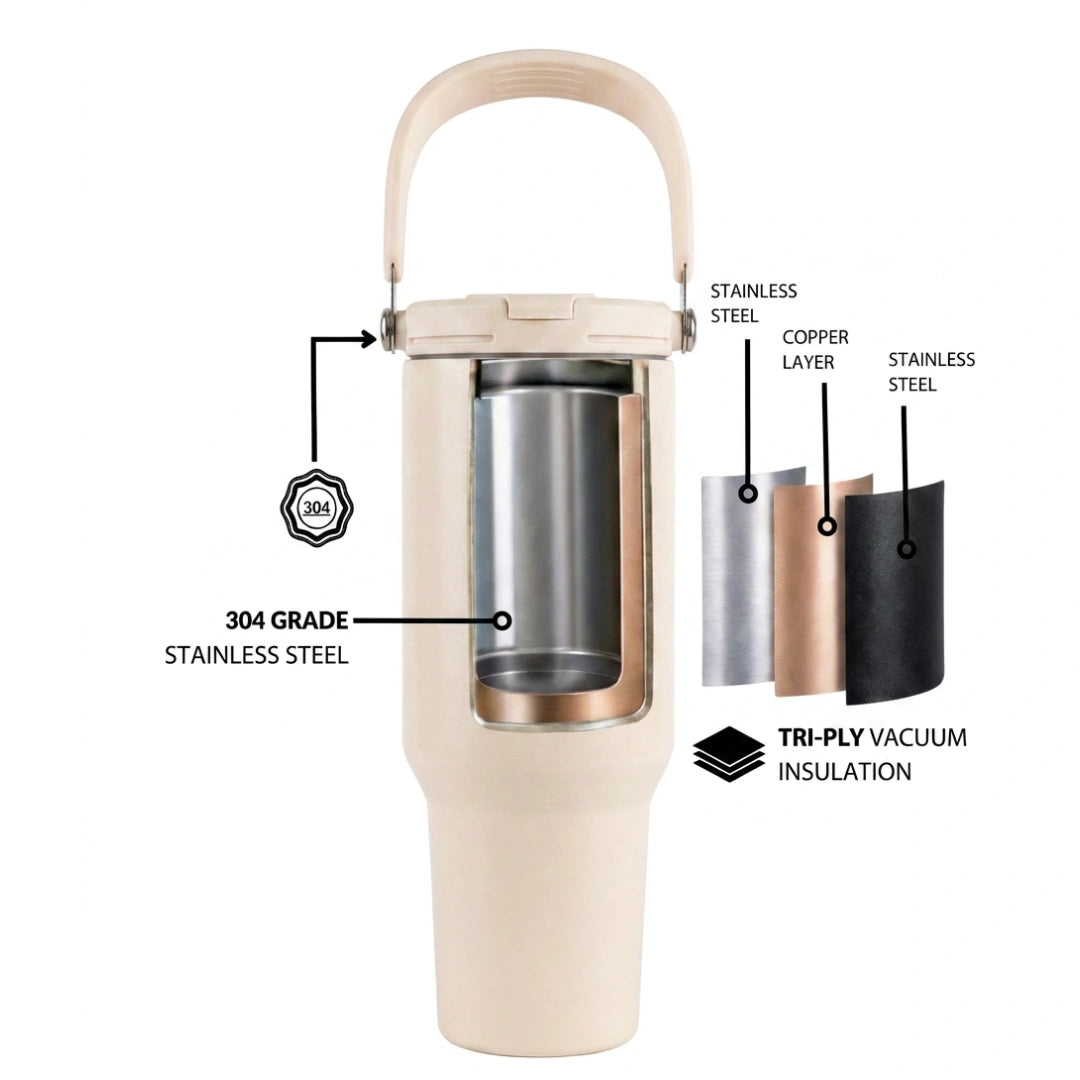 BlackCarrot DualSip Cream 1.2 Litres Insulated Stainless Steel Tumbler 304 Grade, Handle & Straw