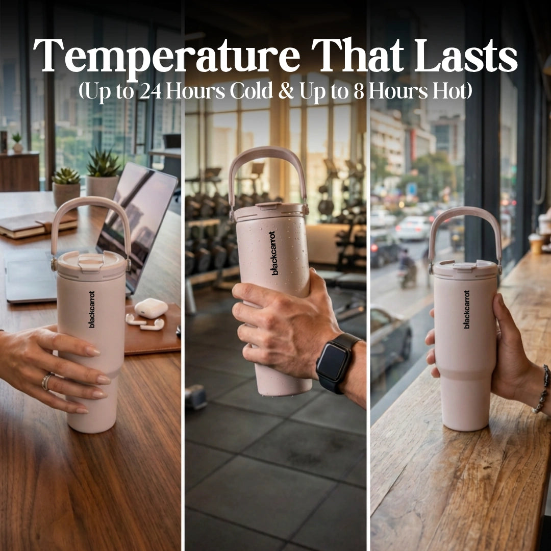 BlackCarrot Light Pink 1.2 Litre Insulated Stainless Steel Tumbler 304 Grade, Handle & Straw