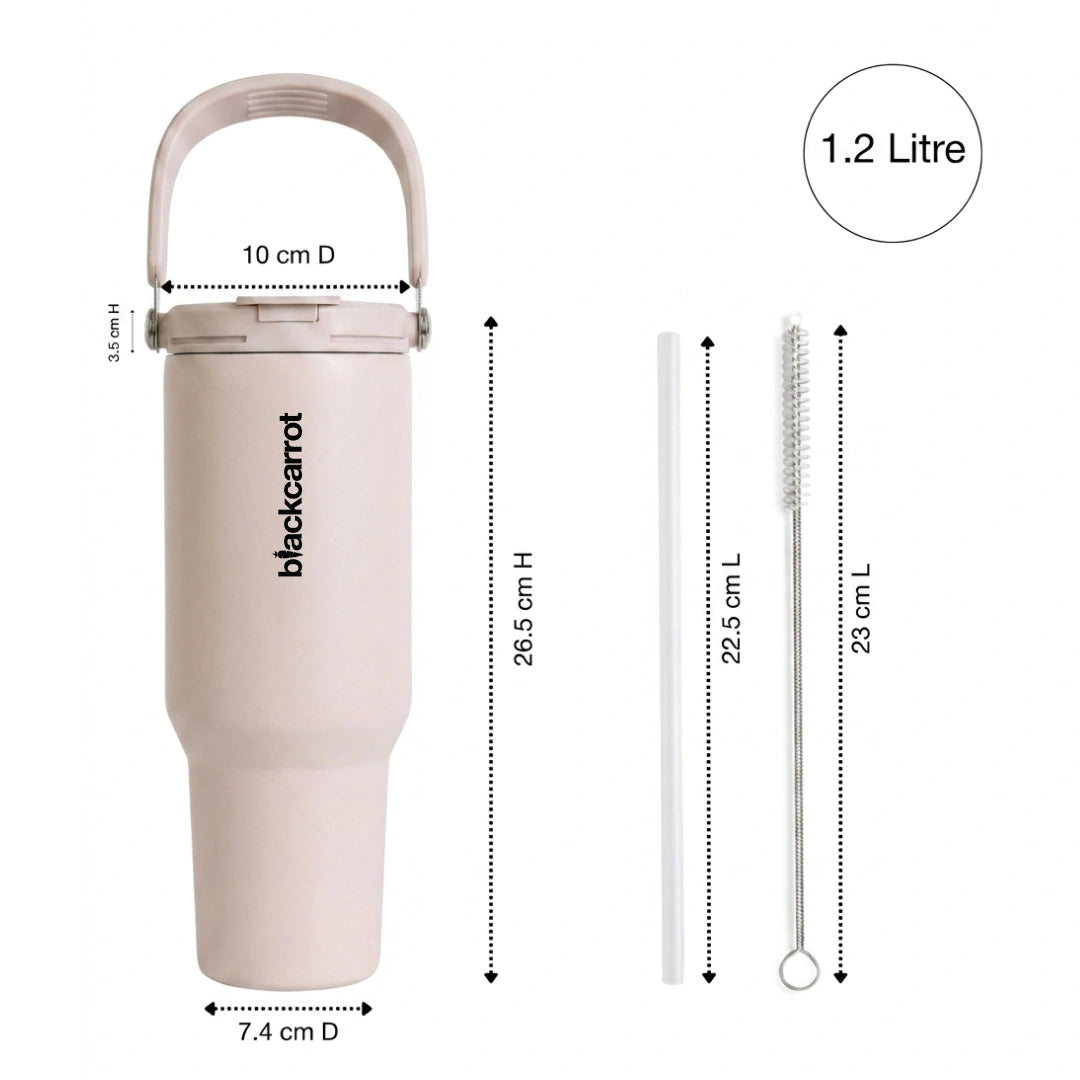 BlackCarrot Light Pink 1.2 Litre Insulated Stainless Steel Tumbler 304 Grade, Handle & Straw