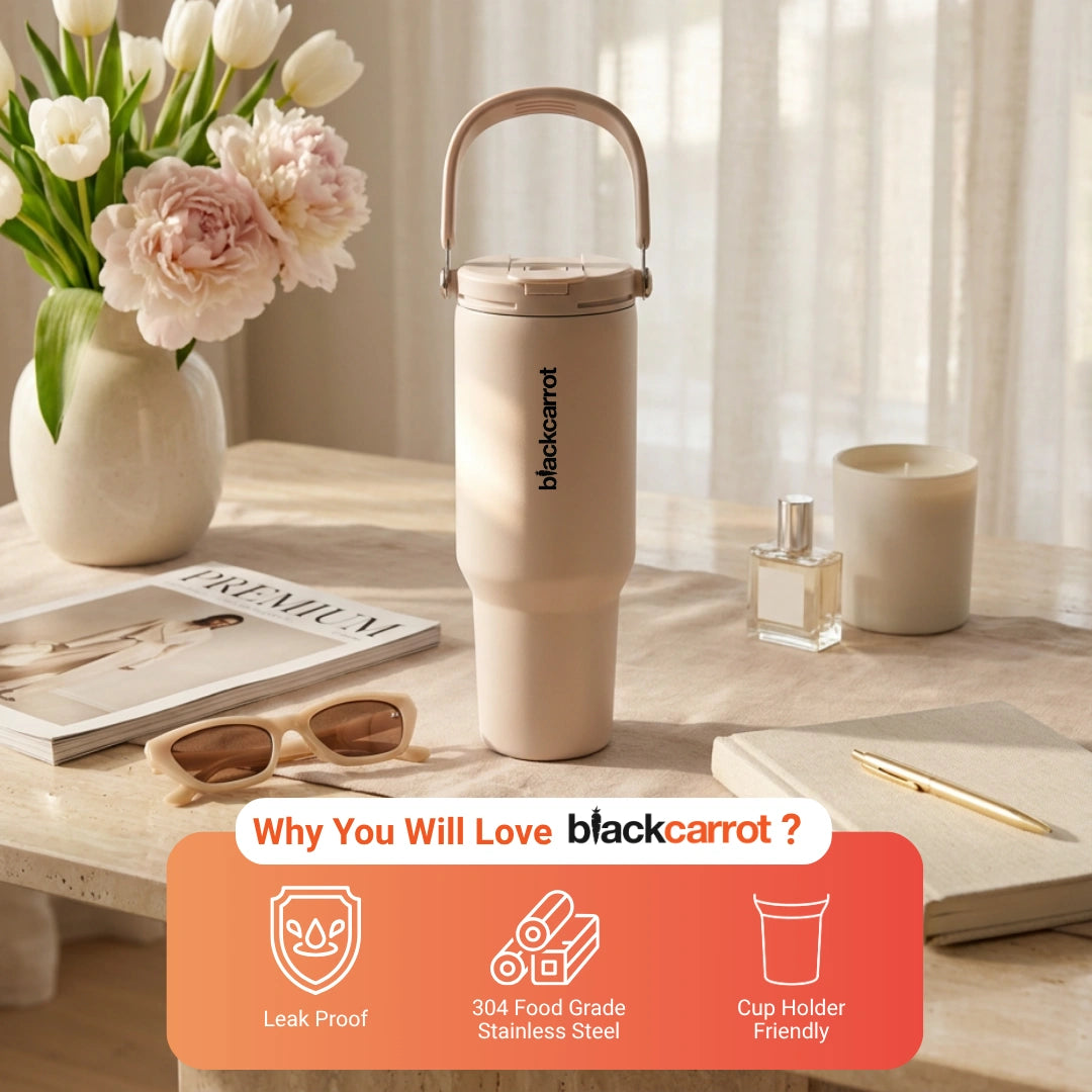 BlackCarrot Light Pink 1.2 Litre Insulated Stainless Steel Tumbler 304 Grade, Handle & Straw