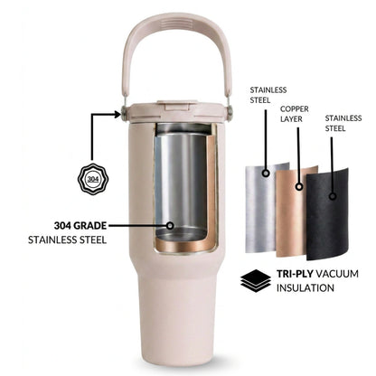 BlackCarrot Light Pink 1.2 Litre Insulated Stainless Steel Tumbler 304 Grade, Handle & Straw