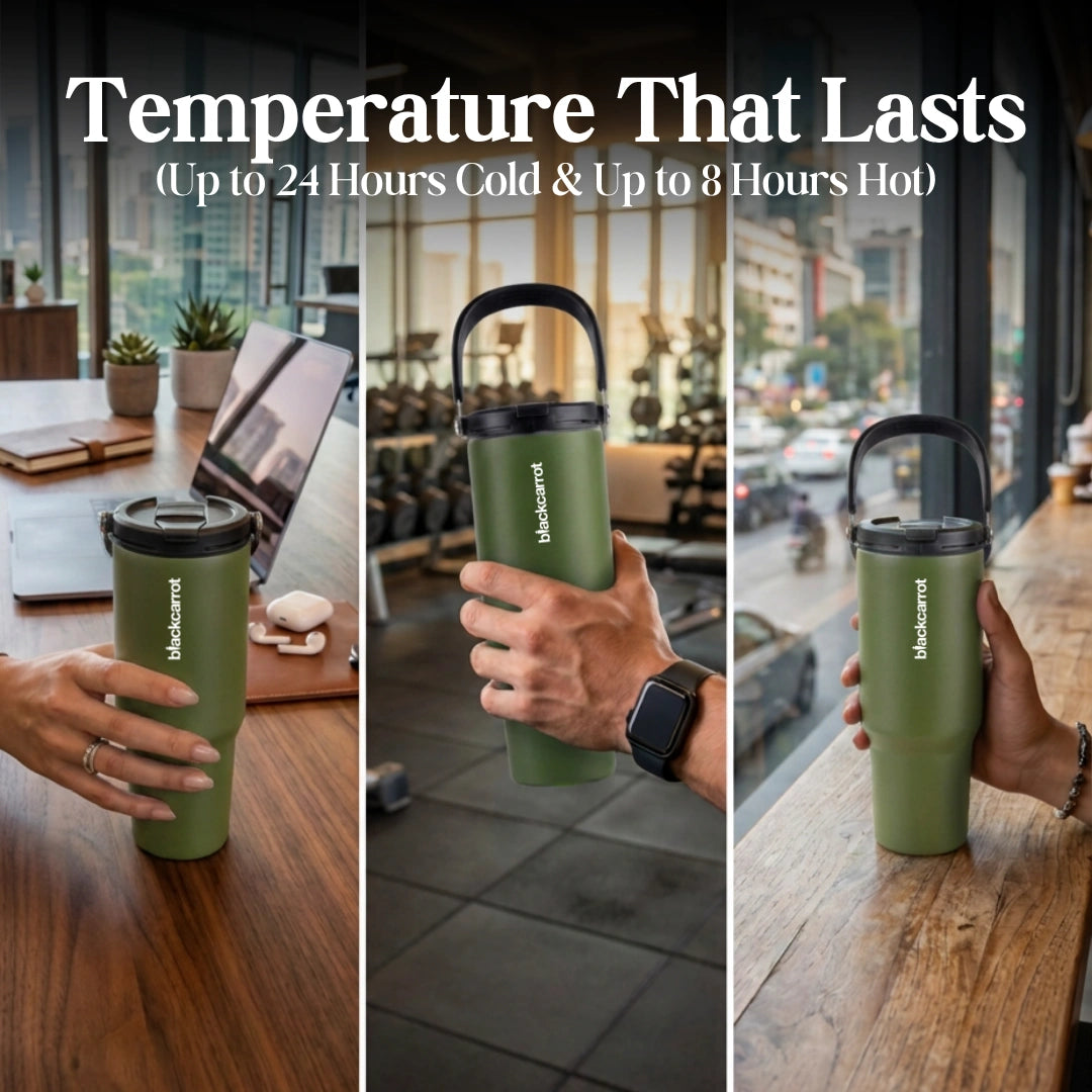 BlackCarrot DualSip Olive Green 1.2 Litres Insulated Stainless Steel Tumbler 304 Grade, Handle & Straw (Copy)