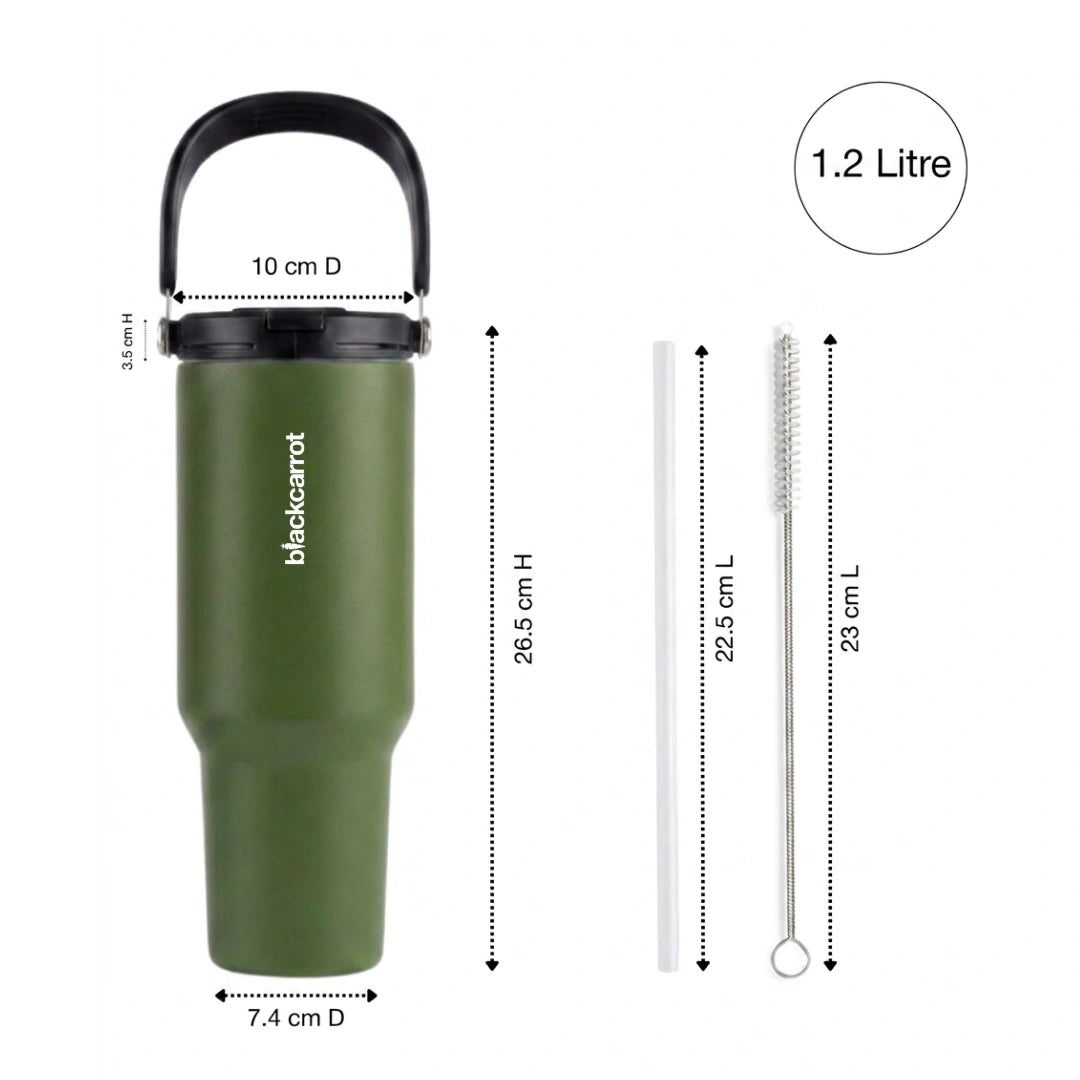 BlackCarrot DualSip Olive Green 1.2 Litres Insulated Stainless Steel Tumbler 304 Grade, Handle & Straw (Copy)