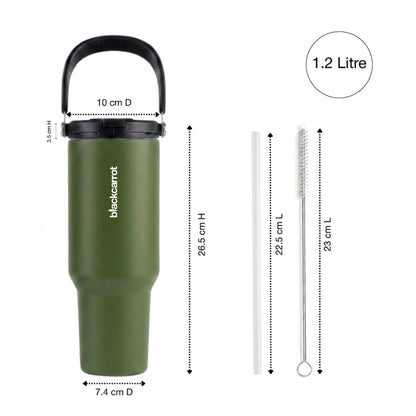 BlackCarrot DualSip Olive Green 1.2 Litres Insulated Stainless Steel Tumbler 304 Grade, Handle & Straw (Copy)