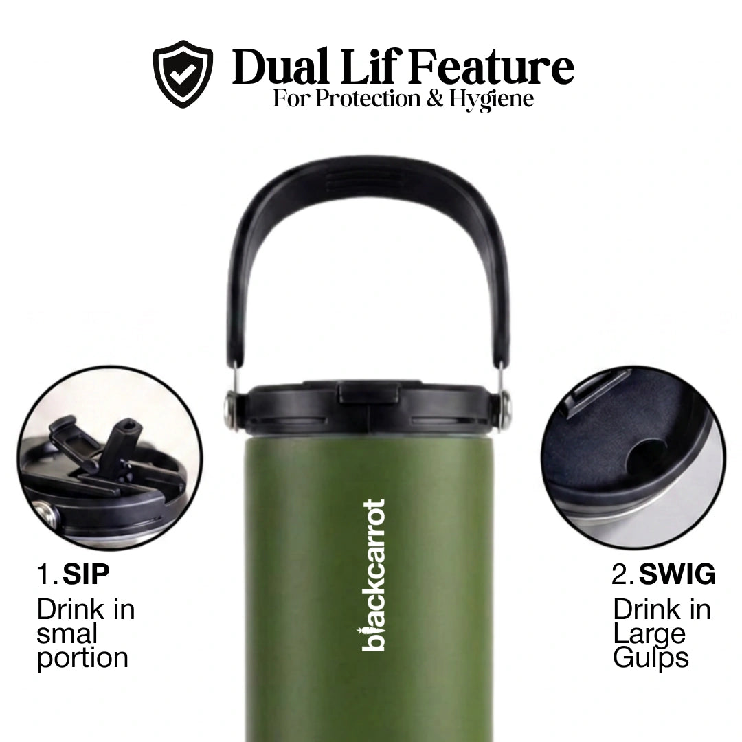 BlackCarrot DualSip Olive Green 1.2 Litres Insulated Stainless Steel Tumbler 304 Grade, Handle & Straw (Copy)