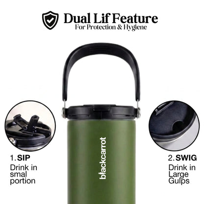 BlackCarrot DualSip Olive Green 1.2 Litres Insulated Stainless Steel Tumbler 304 Grade, Handle & Straw (Copy)