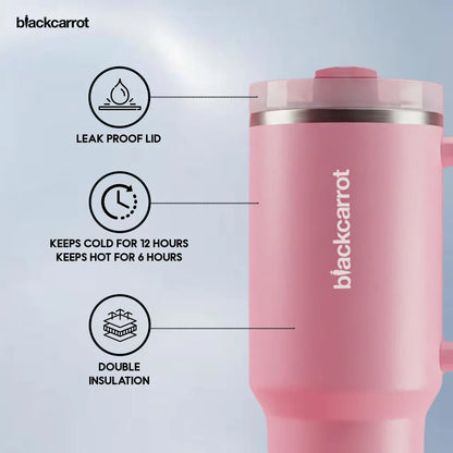 BlackCarrot Pink 1.2 Litre Insulated Stainless Steel Tumbler | 304 Grade, Handle & Straw BlackCarrot