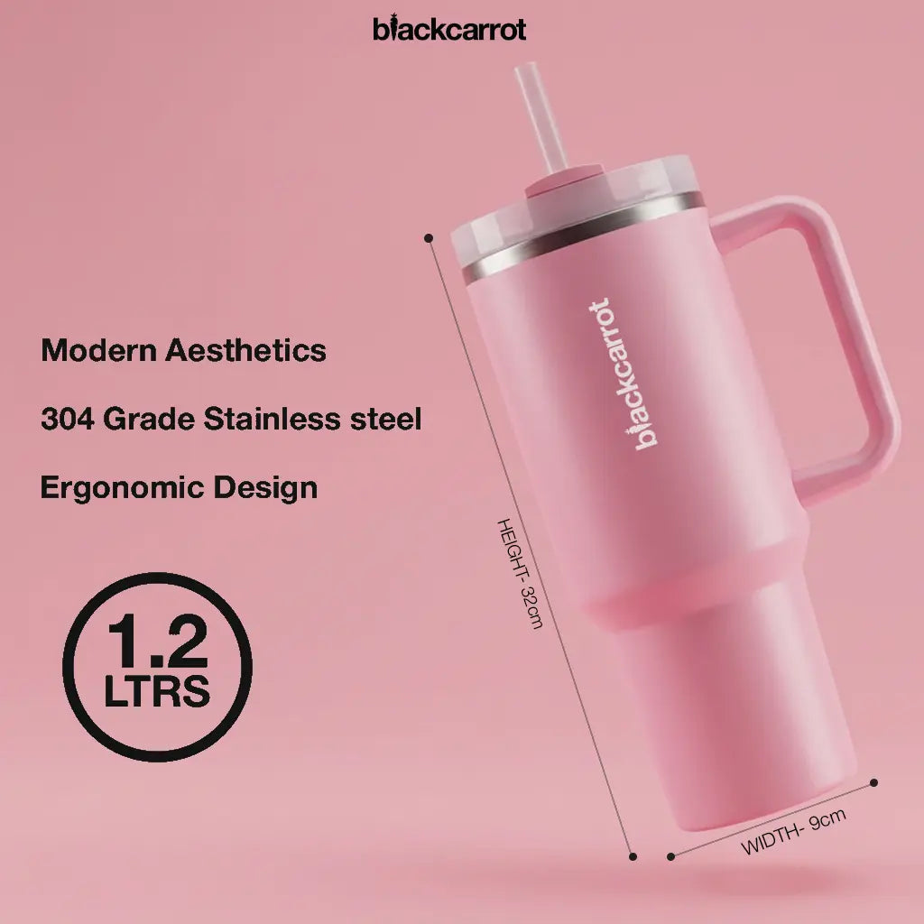 BlackCarrot Pink 1.2 Litre Insulated Stainless Steel Tumbler | 304 Grade, Handle & Straw BlackCarrot