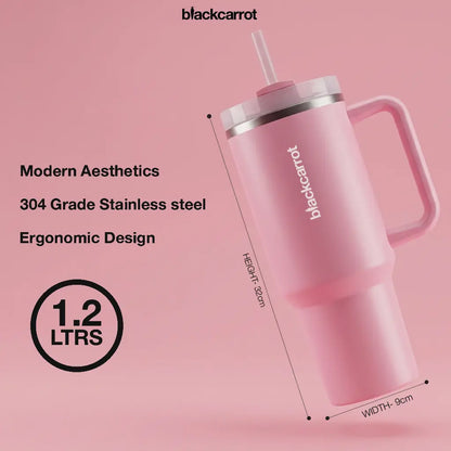 BlackCarrot Pink 1.2 Litre Insulated Stainless Steel Tumbler | 304 Grade, Handle & Straw BlackCarrot