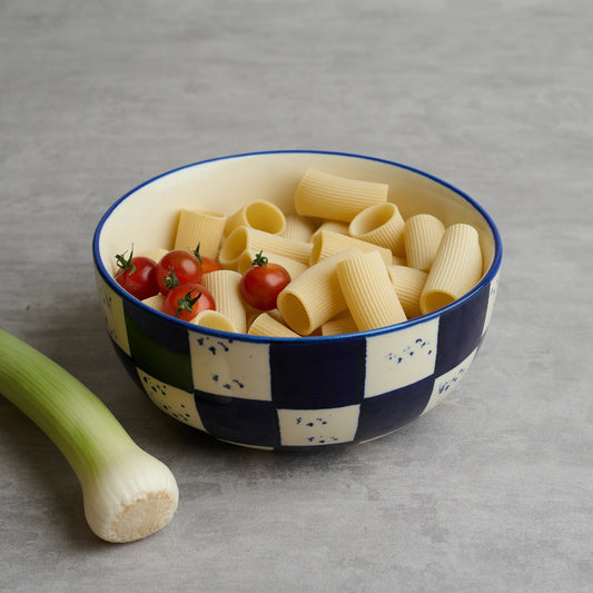 BlackCarrot Premium Stoneware Blue Check Serving Bowl – Bold Contemporary Design BlackCarrot