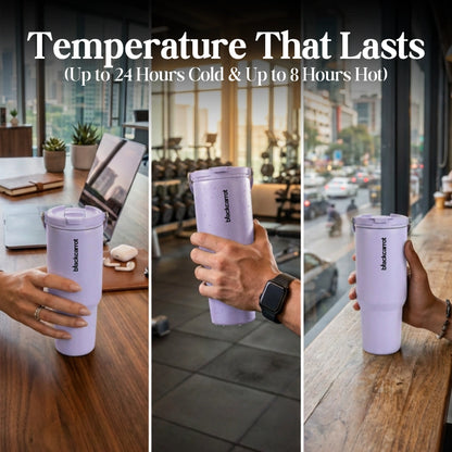 BlackCarrot DualSip Purple 1.2 Litres Insulated Stainless Steel Tumbler 304 Grade, Handle & Straw