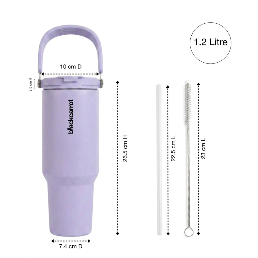 BlackCarrot DualSip Purple 1.2 Litres Insulated Stainless Steel Tumbler 304 Grade, Handle & Straw
