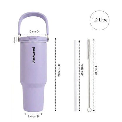 BlackCarrot DualSip Purple 1.2 Litres Insulated Stainless Steel Tumbler 304 Grade, Handle & Straw