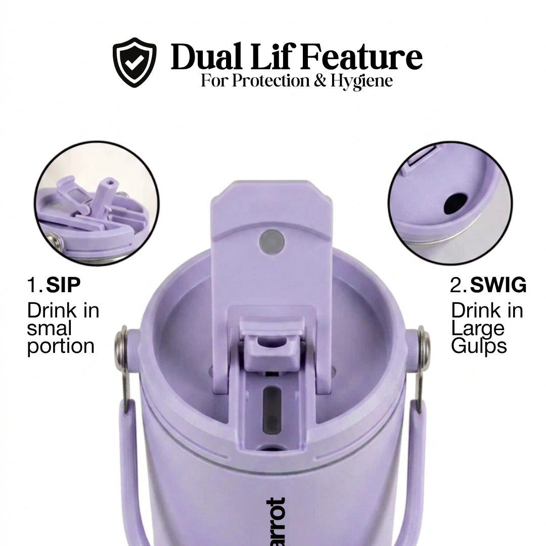 BlackCarrot DualSip Purple 1.2 Litres Insulated Stainless Steel Tumbler 304 Grade, Handle & Straw