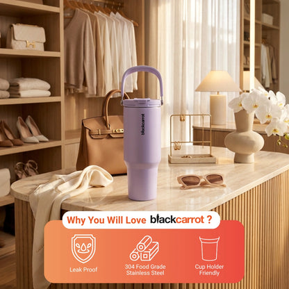 BlackCarrot DualSip Purple 1.2 Litres Insulated Stainless Steel Tumbler 304 Grade, Handle & Straw