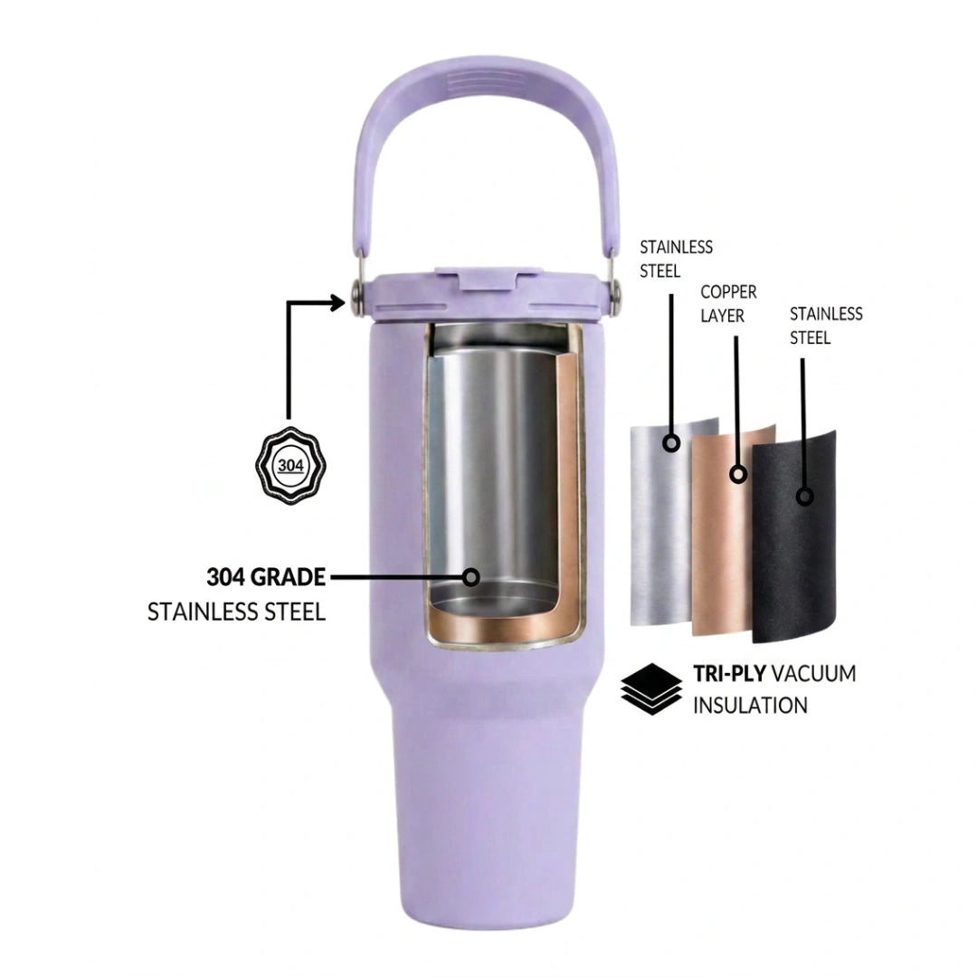 BlackCarrot DualSip Purple 1.2 Litres Insulated Stainless Steel Tumbler 304 Grade, Handle & Straw