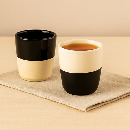 Ceramic Black and White Cup (Kulhad) Set of 6 | Glossy Finish BlackCarrot