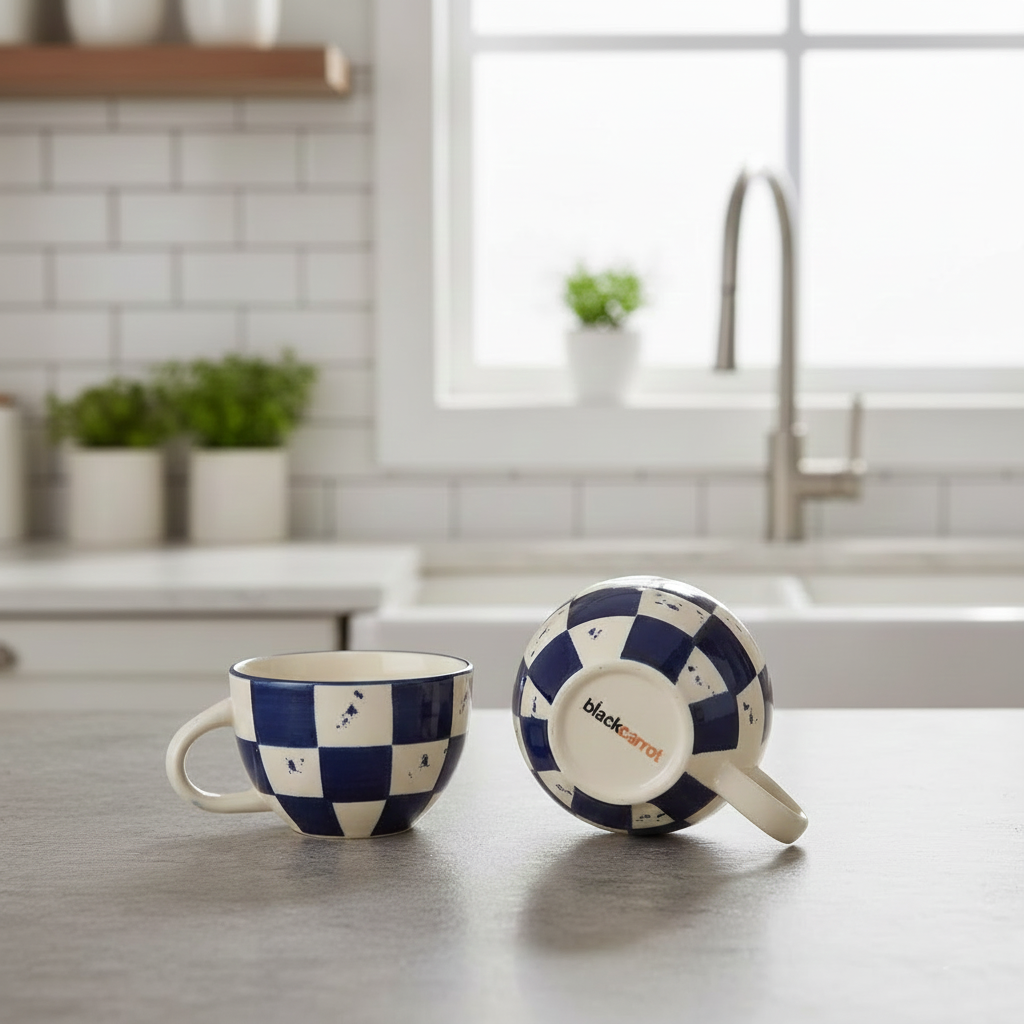 BlackCarrot Blue Checkered Ceramic Coffee Mug – 300ml | Premium Porcelain Cup for Tea & Coffee BlackCarrot