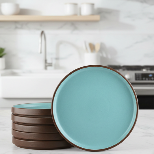 Black Carrot's Brown & Blue Ceramic Dinner Plates (Set of 6) BlackCarrot