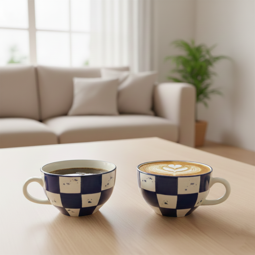 BlackCarrot Blue Checkered Ceramic Coffee Mug – 300ml | Premium Porcelain Cup for Tea & Coffee BlackCarrot