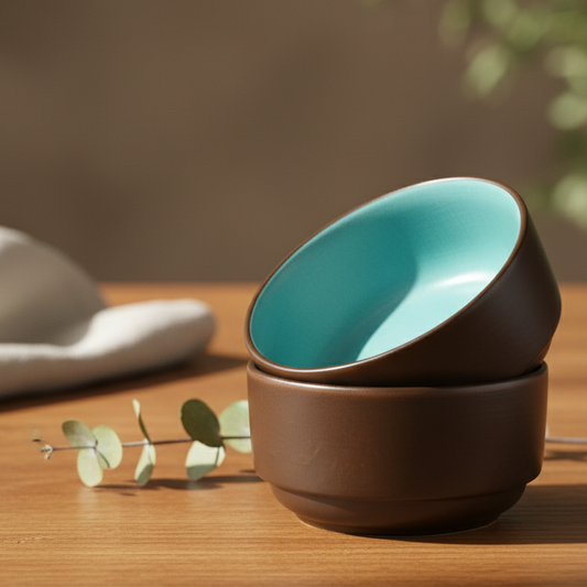 Premium Turquoise and brown Ceramic Snack Bowl Set of 2 BlackCarrot