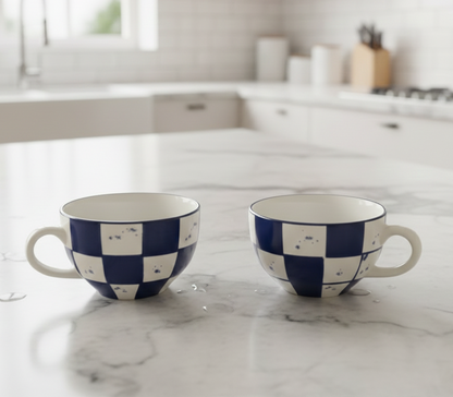 BlackCarrot Blue Checkered Ceramic Coffee Mug – 300ml | Premium Porcelain Cup for Tea & Coffee BlackCarrot