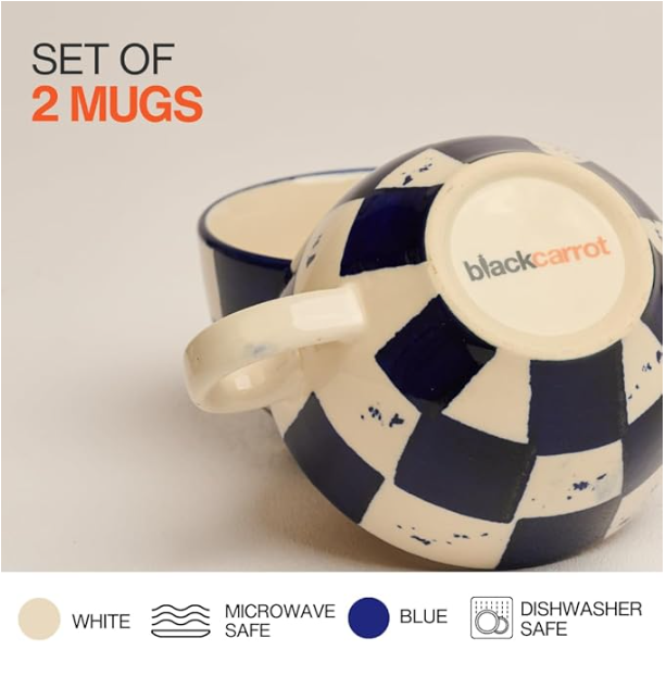 BlackCarrot Blue Checkered Ceramic Coffee Mug – 300ml | Premium Porcelain Cup for Tea & Coffee BlackCarrot