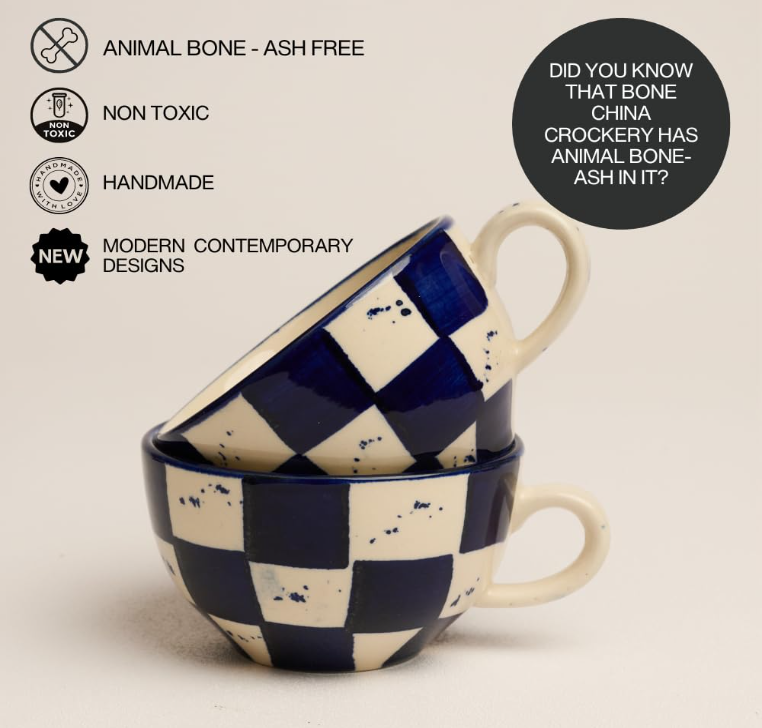 BlackCarrot Blue Checkered Ceramic Coffee Mug – 300ml | Premium Porcelain Cup for Tea & Coffee BlackCarrot