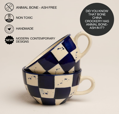 BlackCarrot Blue Checkered Ceramic Coffee Mug – 300ml | Premium Porcelain Cup for Tea & Coffee BlackCarrot