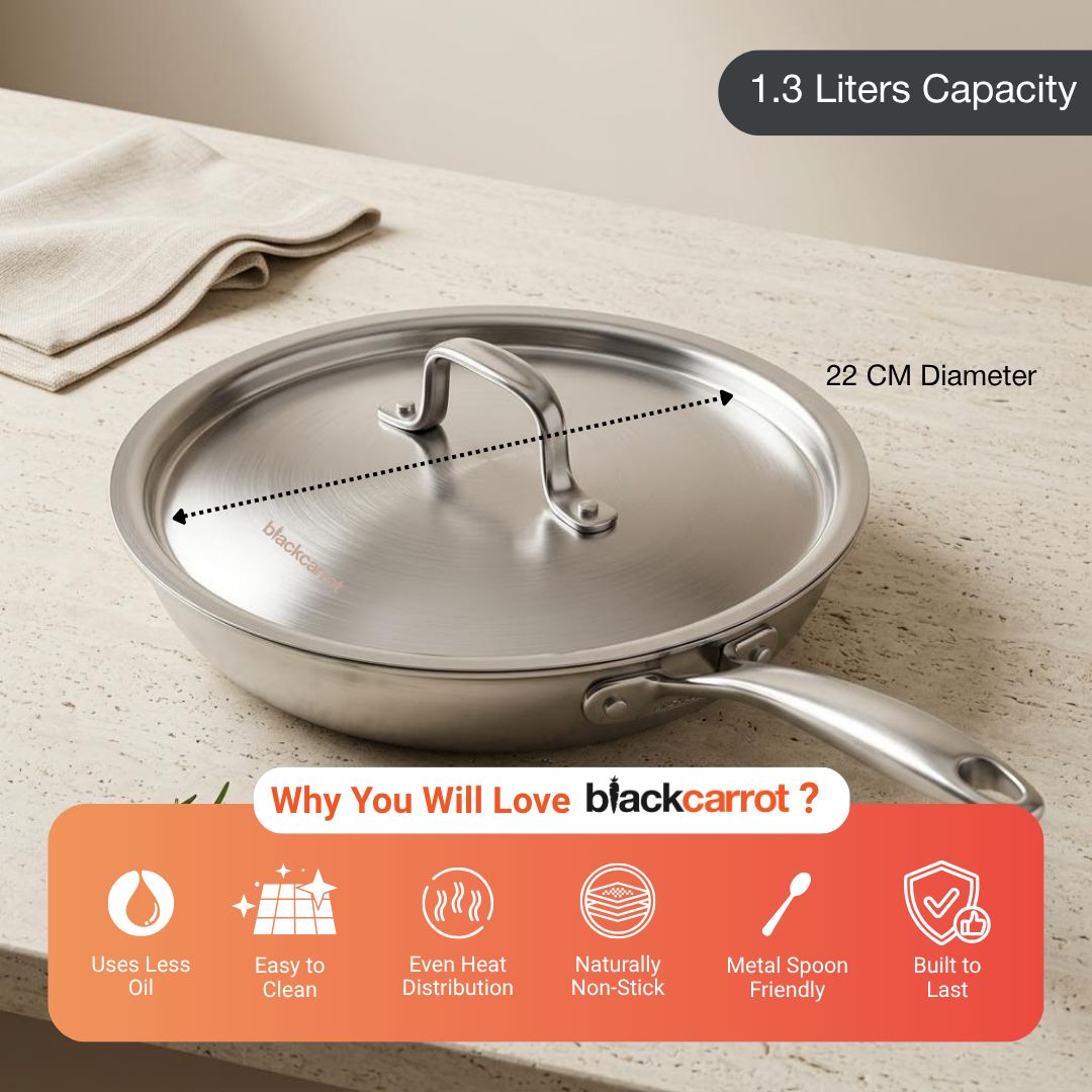 BlackCarrot Triply Fry Pan (1.3 L) with Stainless Steel Lid – Premium Stainless Steel Cookware