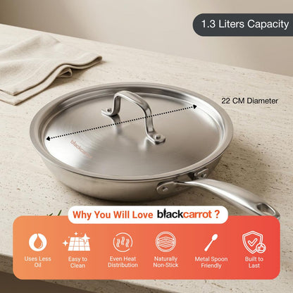 BlackCarrot Triply Fry Pan (1.3 L) with Stainless Steel Lid – Premium Stainless Steel Cookware