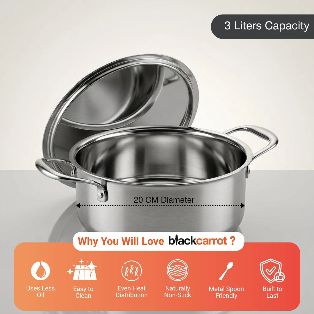 BlackCarrot PureCook Triply Stainless Steel Casserole (3 L) - Premium Cookware
