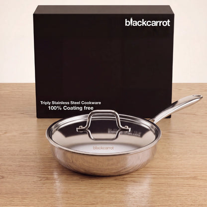 BlackCarrot PureCook Triply Fry Pan (1.3 L) with Stainless Steel Lid – Premium Stainless Steel Cookware