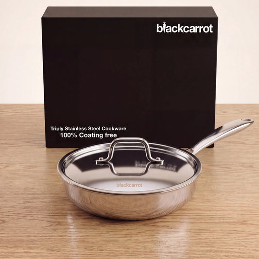 BlackCarrot Triply Fry Pan (1.3 L) with Stainless Steel Lid – Premium Stainless Steel Cookware
