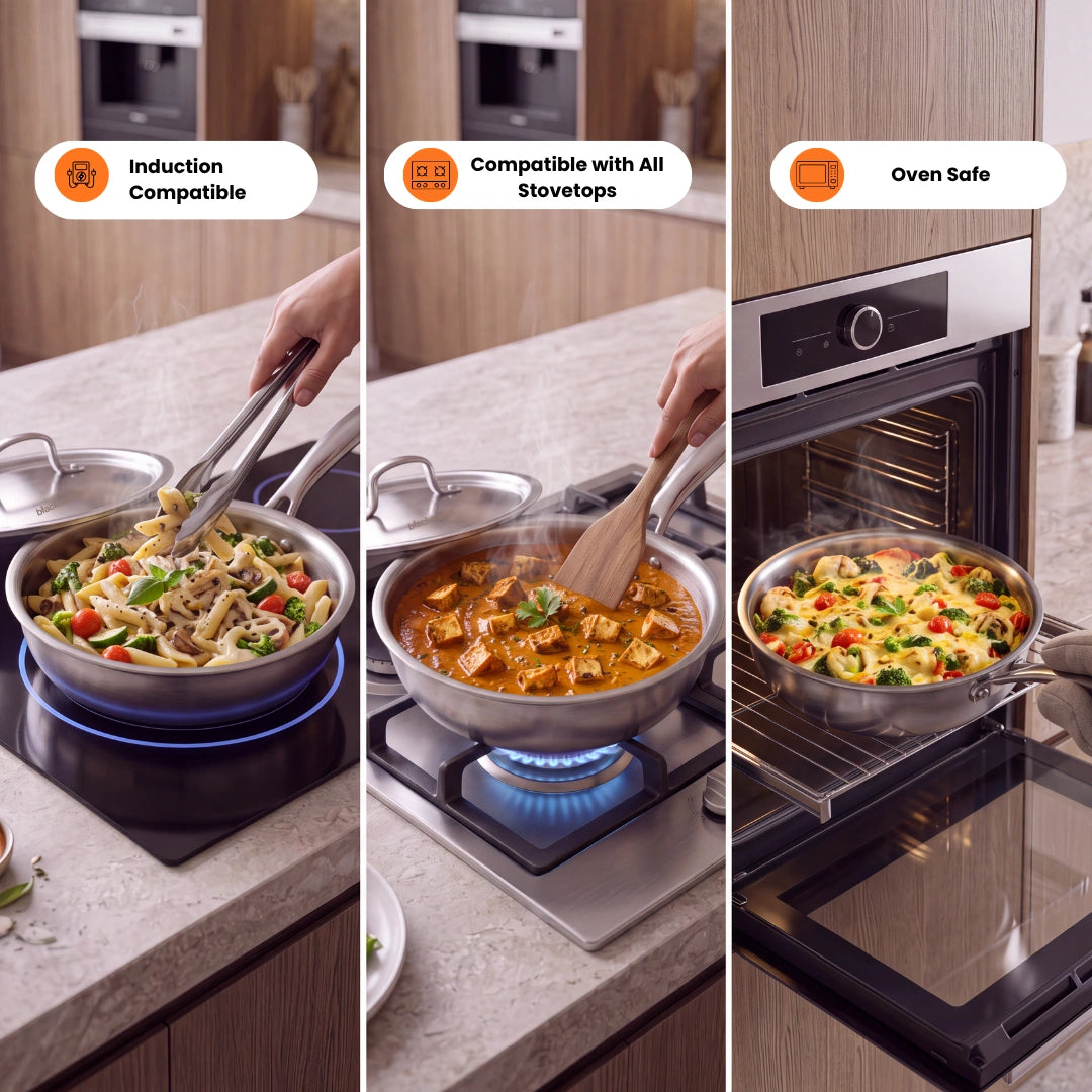 BlackCarrot PureCook Triply Fry Pan (1.3 L) with Stainless Steel Lid – Premium Stainless Steel Cookware