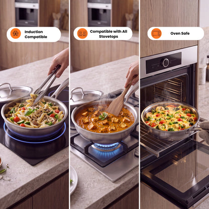 BlackCarrot PureCook Triply Fry Pan (1.3 L) with Stainless Steel Lid – Premium Stainless Steel Cookware