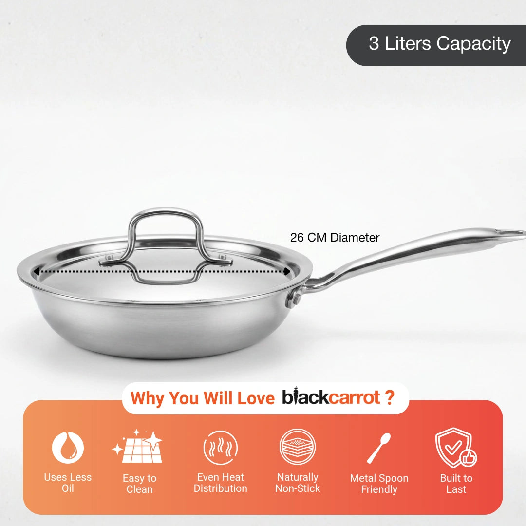 BlackCarrot PureCook Triply Fry Pan (1.3 L) with Stainless Steel Lid – Premium Stainless Steel Cookware