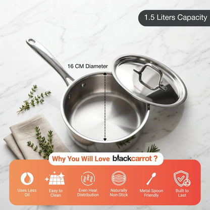 BlackCarrot PureCook TriPly Sauce Pan (1.5 L) with Stainless Steel Lid for Everyday Cooking