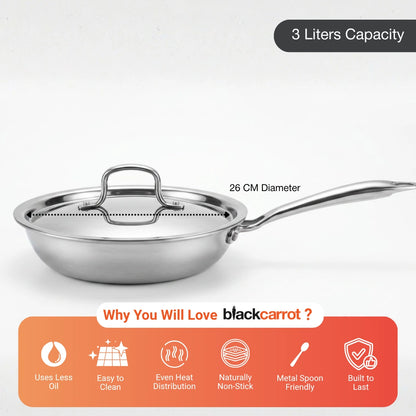 BlackCarrot PureCook Triply Stainless Steel Saute Pan (3 L) for Everyday Cooking