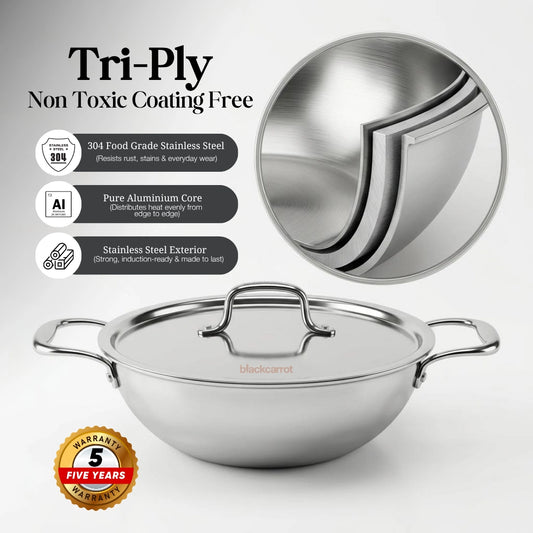 BlackCarrot TriPly Stainless Steel (3 L) Kadhai with Stainless Steel Lid