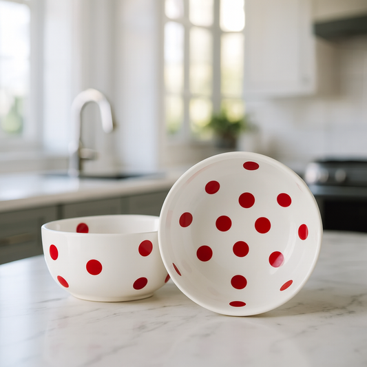 Premium White Polka Ceramic Snack Bowl Set of 2 BlackCarrot