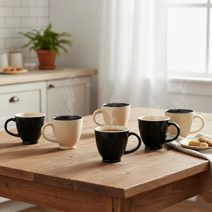 Ceramic Coffee Cup Set | Black & White | Set of 6 | 150ml | Glossy Finish BlackCarrot