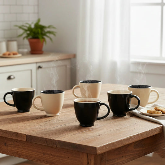 Ceramic Coffee Cup Set | Black & White | Set of 6 | 150ml | Glossy Finish BlackCarrot