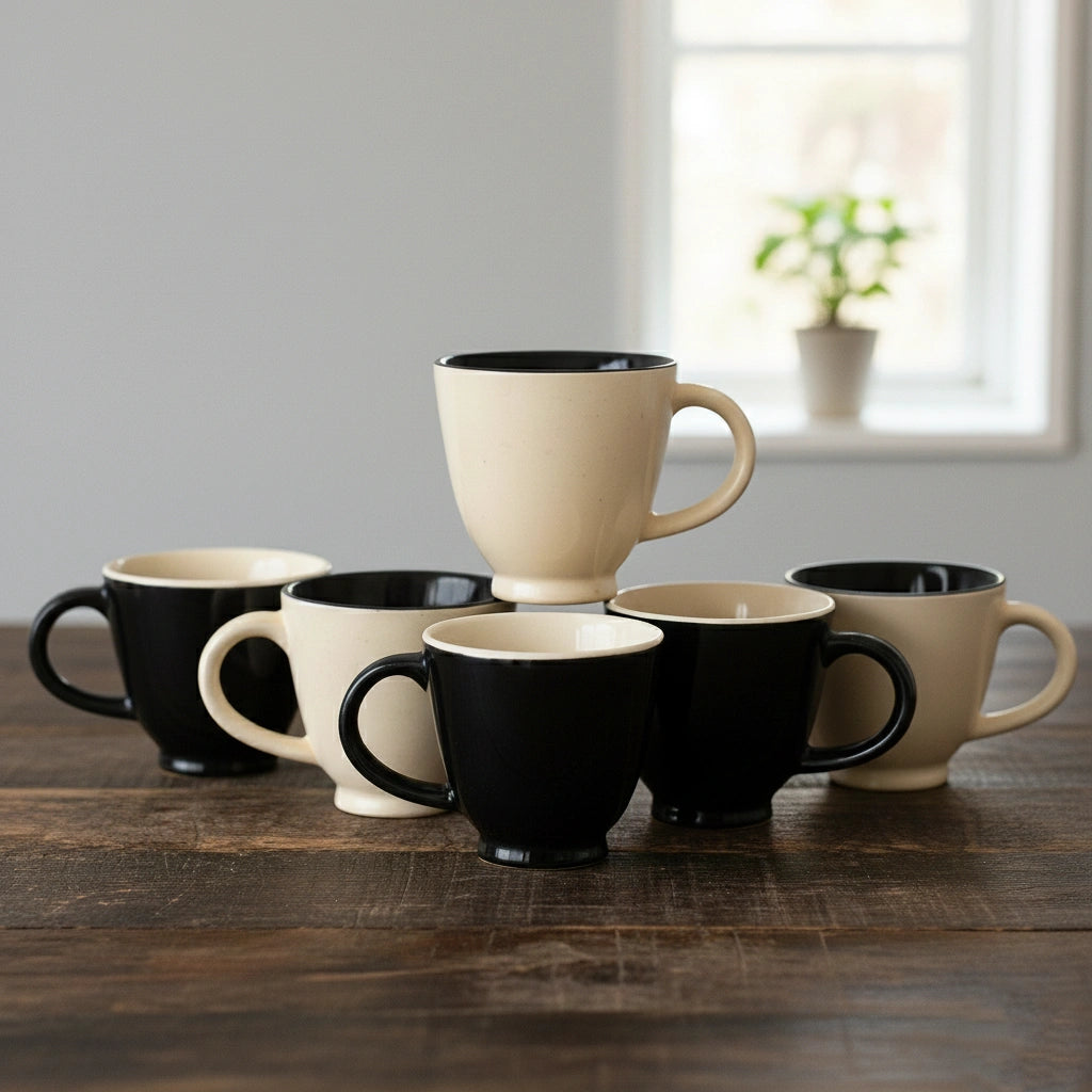 Ceramic Coffee Cup Set | Black & White | Set of 6 | 150ml | Glossy Finish BlackCarrot