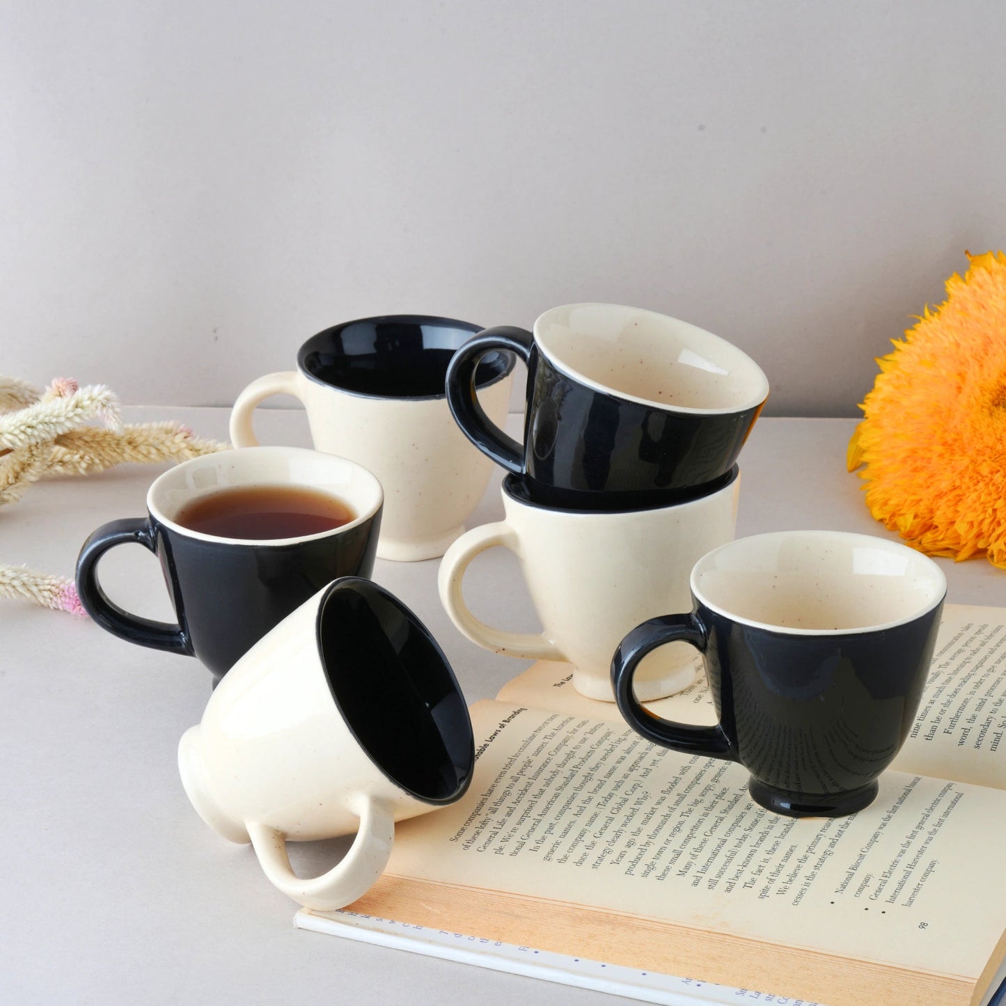 Ceramic Coffee Cup Set | Black & White | Set of 6 | 150ml | Glossy Finish BlackCarrot