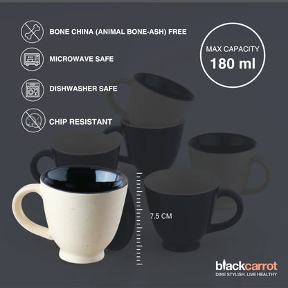 Ceramic Coffee Cup Set | Black & White | Set of 6 | 150ml | Glossy Finish BlackCarrot