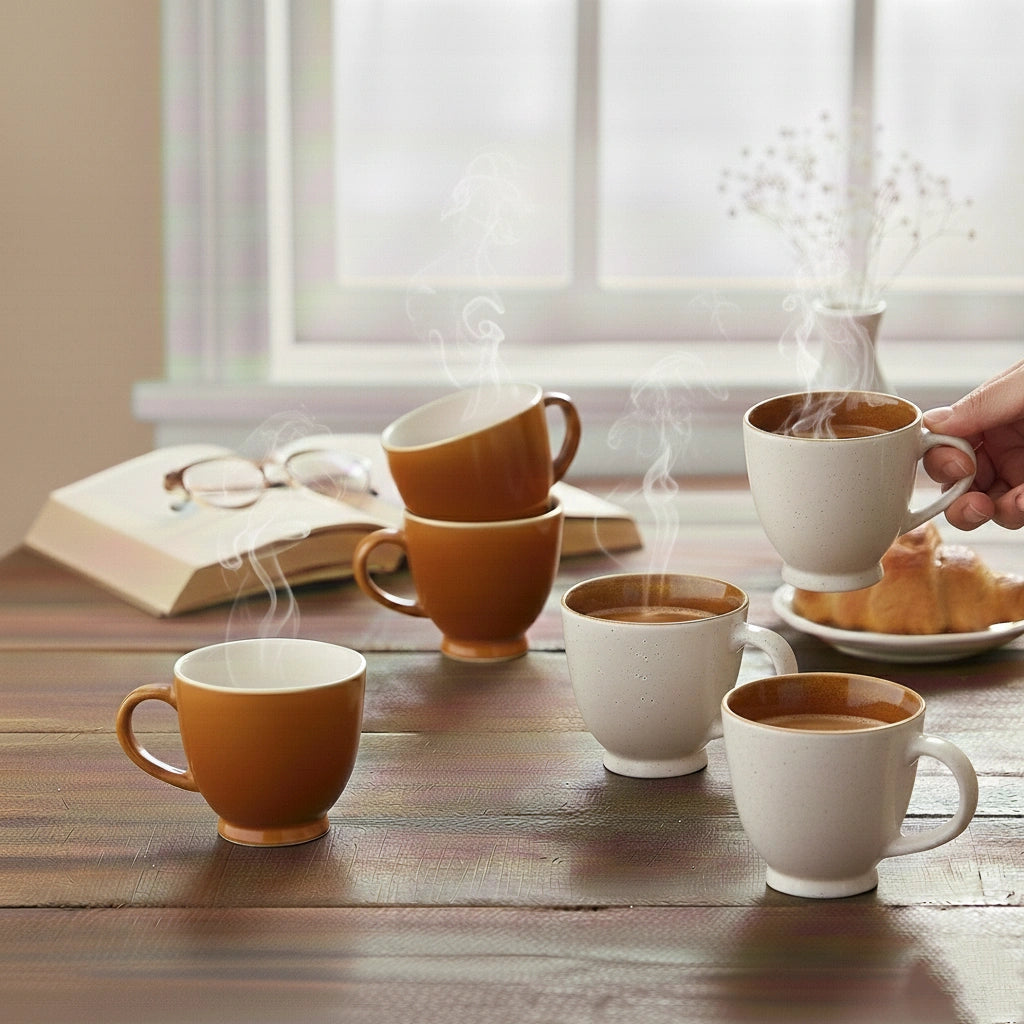 Ceramic Coffee Cup Set | Brown & White | Set of 6 | 150ml | Glossy Finish BlackCarrot