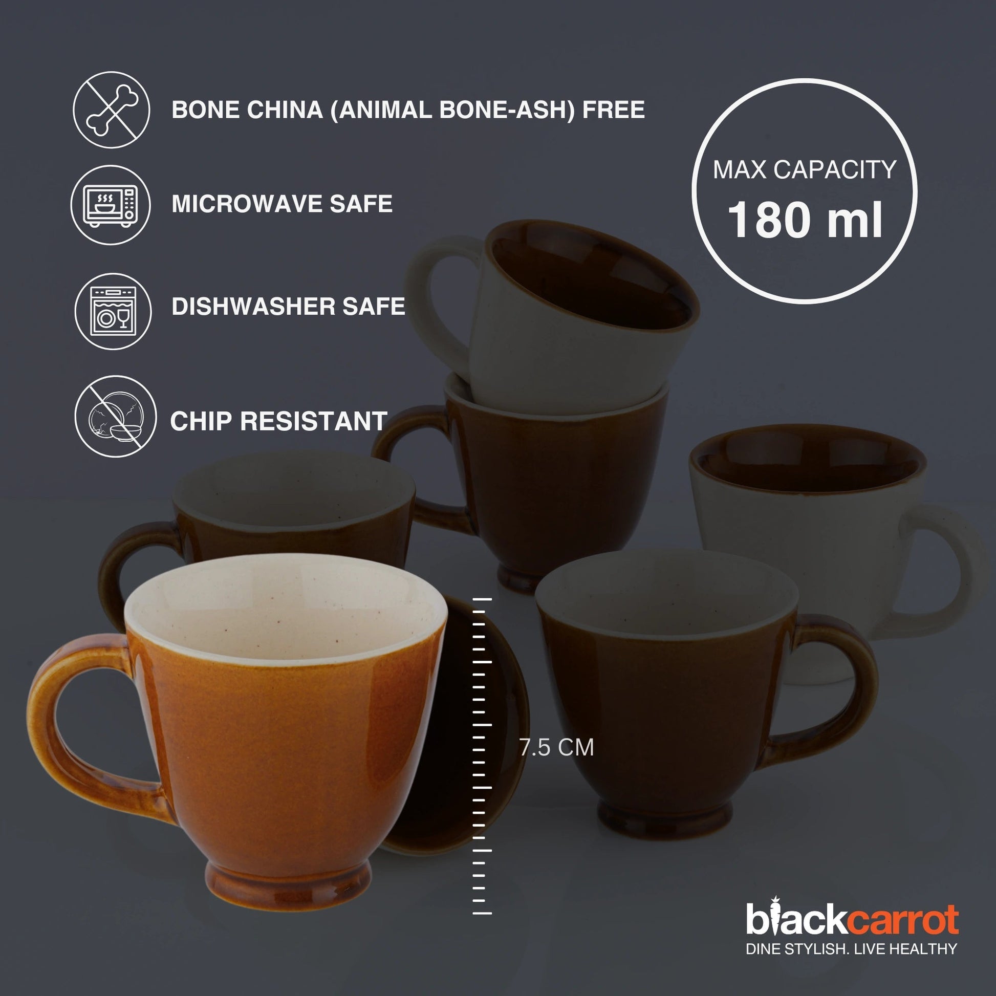 Ceramic Coffee Cup Set | Brown & White | Set of 6 | 150ml | Glossy Finish BlackCarrot
